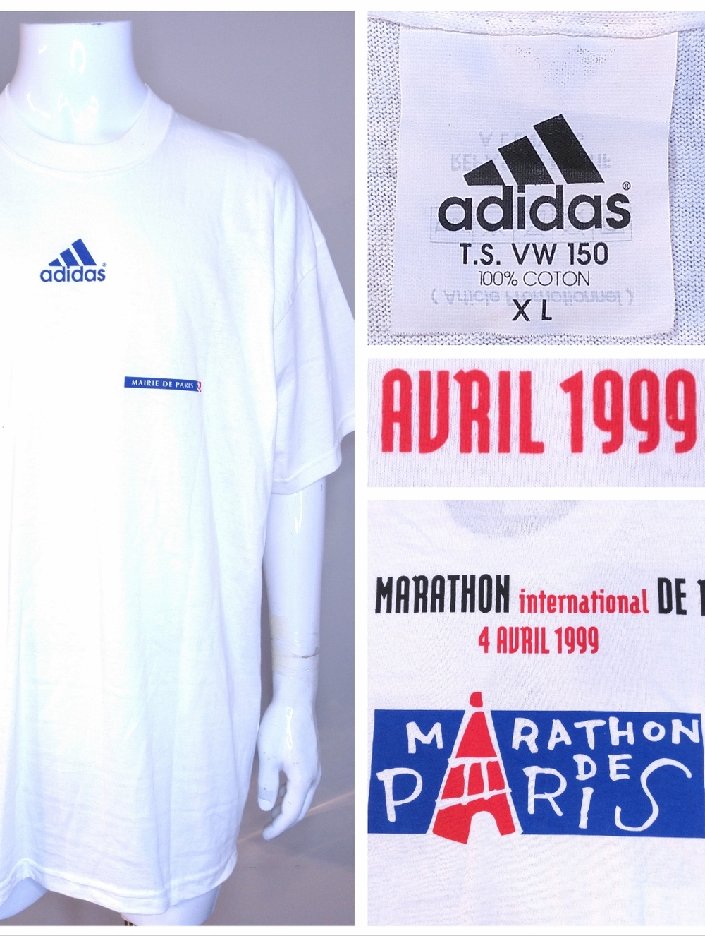 ADIDAS Vintage T Shirt 1999 XL MARATHON De PARIS Graphic Tee Vtg 90s SS Y2K RARE